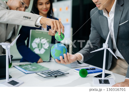 business team people planning and discussing on recycle reduce reuse policy symbol in office meeting room. Green business company 130316701