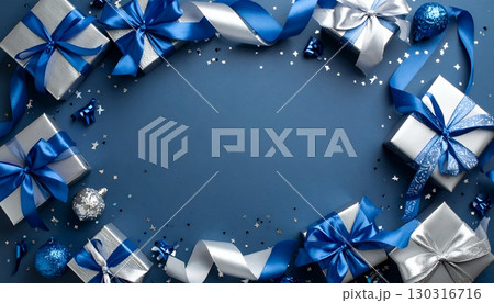 青と銀のギフトとリボンで彩る冬のプレゼント背景 青と銀のギフトとリボンで彩る冬のプレゼント背景 130316716