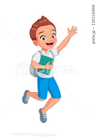 Happy elementary school boy is jumping excitedly and waving his hand. Cartoon vector illustration. Happy elementary school boy is jumping excitedly and waving his hand. Cartoon vector illustration. 130316908