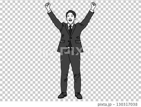萬歲圖解：一位商人舉起拳頭的姿勢，全身，正面圖，單色 130317038