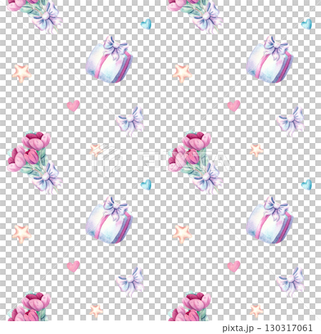 Seamless watercolor pattern with flowers and gifts in soft pastel shades. Pattern for festive design of textiles, fabric and gift wrapping Seamless watercolor pattern with flowers and gifts in soft pastel shades. Pattern for festive design of textiles, fabric and gift wrapping 130317061
