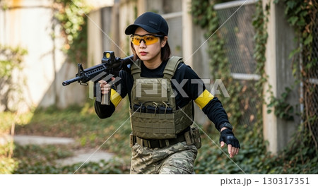 サバゲーをする若い女性 130317351