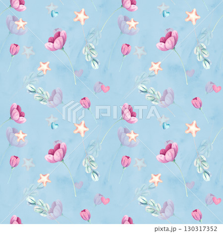 Seamless watercolor pattern with flowers and leaves in soft pastel shades on a blue background. Pattern for festive design of textiles, fabric and gift wrapping Seamless watercolor pattern with flowers and leaves in soft pastel shades on a blue background. Pattern for festive design of textiles, fabric and gift wrapping 130317352