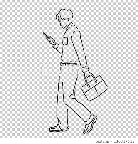 スマホを見ながら歩く男性のイラスト（ビジネス・通勤・ビジネスカジュアル） 130317515