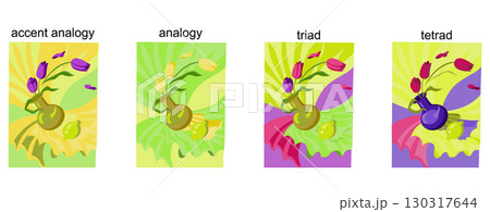 Still life depicted in different color harmonies. Illustration for visual training of artists. Vector illustration isolated on white background. 130317644