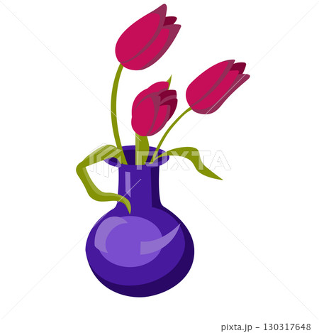 Blue vase and three red tulips. Vector illustration isolated on white background. Blue vase and three red tulips. Vector illustration isolated on white background. 130317648