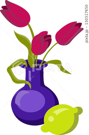 Vase with tulips and lemon. Vector illustration isolated on white background. 130317650