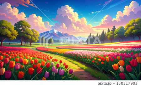 チューリップ　風景　生成AI　背景 130317903