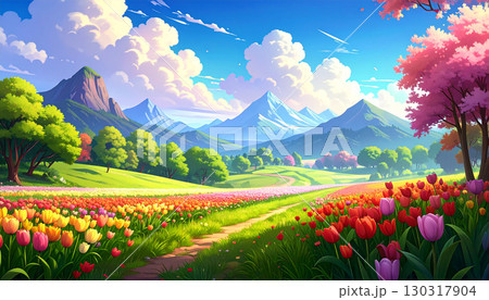 チューリップ　風景　生成AI　背景 130317904