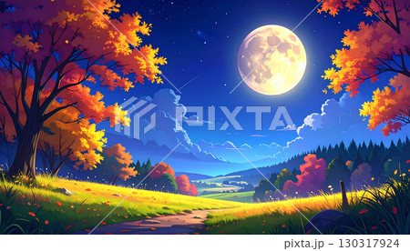 満月　草原　風景　生成AI　背景 130317924