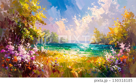 青い海と花々(印象派) 130318185