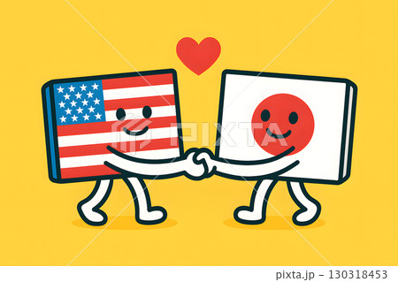アメリカと日本の国旗キャラクターが握手し友情を示すイラスト。国際関係、協力、外交、友好のコンセプト アメリカと日本の国旗キャラクターが握手し友情を示すイラスト。国際関係、協力、外交、友好のコンセプト 130318453