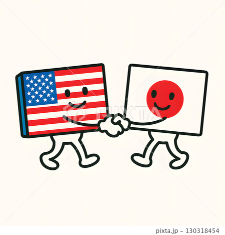 アメリカと日本の国旗キャラクターが握手し友情を示すイラスト。国際関係、協力、外交、友好のコンセプト 130318454