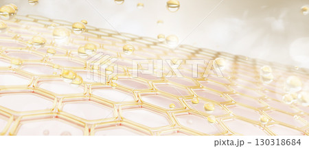 3d skin cells with oil drops and hexagon pattern. Epidermis layer with yellow honey mask, gold liquid bubbles. Facial skincare product, gel serum, collagen, elastin or hyaluronic acid. 3D illustration 130318684