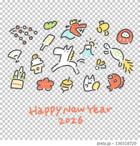 白馬と正月の縁起物の和風かわいい手描き年賀状　2026 正方形・SNS・Insta用 130318720