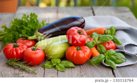 Still life with various fresh vegetables arranged on an old wooden table. The composition includes red tomatoes, eggplant, zucchini, carrots, and fresh herbs - parsley and basil. The vegetables are pl 130318764