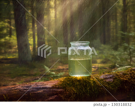 An image of a glass jar filled with a glowing greenish liquid, sitting on a mossy fallen tree in the forest. The sunbeams are shining through the trees, creating a magical and mystical atmosphere. The 130318832