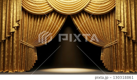 golden fabric curtain on stage 130318861