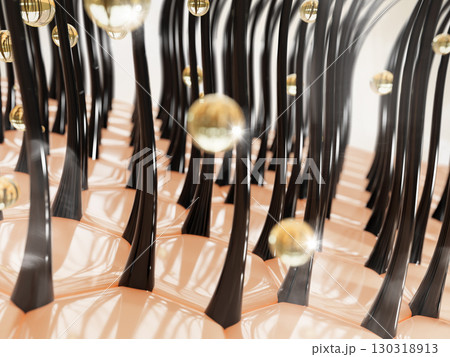 3d scalp with hair follicles and oil drops texture. Skin cells with hexagon pattern and liquid bubbles of yellow honey mask, gel serum, biotin vitamin. Cosmetic beauty care background. 3D illustration 130318913