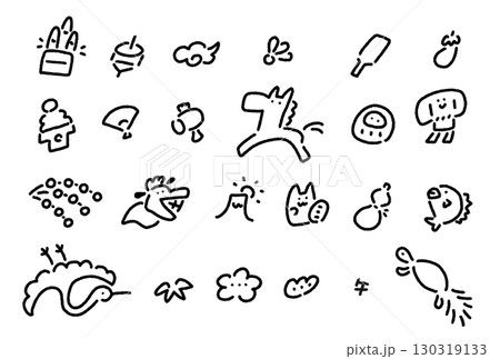 白馬と正月の縁起物の手描きのかわいい線画アイコンセット　2026 松竹梅・富士山・鶴亀 130319133