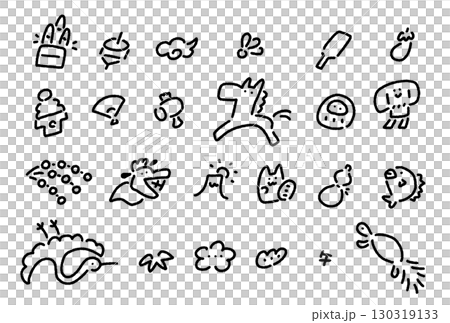 白馬と正月の縁起物の手描きのかわいい線画アイコンセット　2026 松竹梅・富士山・鶴亀 130319133