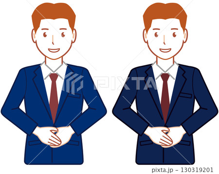 ネイビースーツ、ベリーショートの手を前で重ねる若い男性 130319201