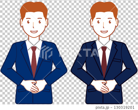 ネイビースーツ、ベリーショートの手を前で重ねる若い男性 130319201