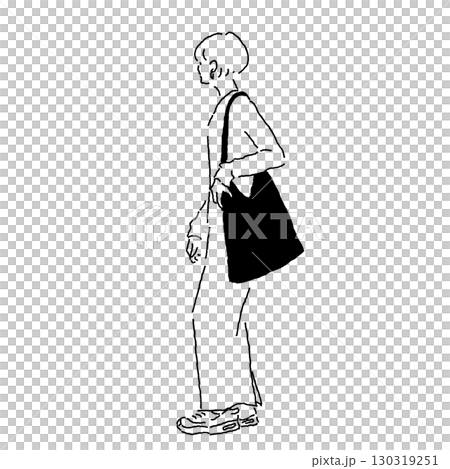 カジュアルコーデの女性イラスト（ロングワンピース、トートバッグ、スニーカー） 130319251