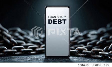 Loan shark debt concept with smartphone and heavy chain background showing financial stress and danger debt concept Loan shark debt concept with smartphone and heavy chain background showing financial stress and danger debt concept 130319459