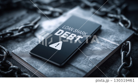 Debt warning on smartphone screen with chains and dark background shows financial stress and loan shark danger debt concept 130319461