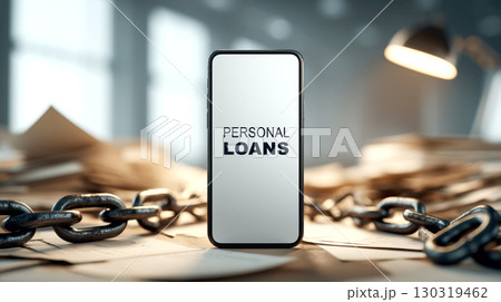 Personal loans debt concept with smartphone chain and paperwork in office environment financial stress background debt concept 130319462
