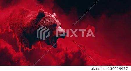 Red bear roaring with stock graph, surreal vibrant scene, financial market downturn, dramatic atmosphere, intense emotion 130319477