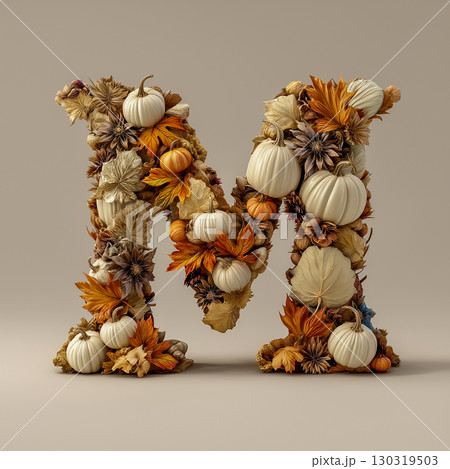 A three-dimensional letter "M" made up of various autumn and nature elements: pumpkins, leaves, pine cones and acorns. All these elements are gathered together to create a feeling of autumn, coziness  130319503
