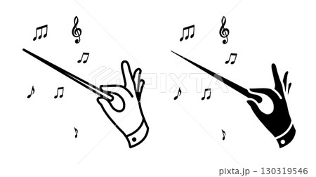 Line icon. Hand of conductor composer holds baton directing musicians of orchestra. Simple black and white vector isolated on white background Line icon. Hand of conductor composer holds baton directing musicians of orchestra. Simple black and white vector isolated on white background 130319546