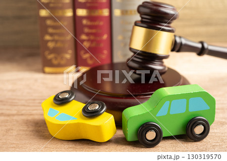 Hammer gavel judge with car vehicle accident, insurance coverage claim lawsuit court case. 130319570