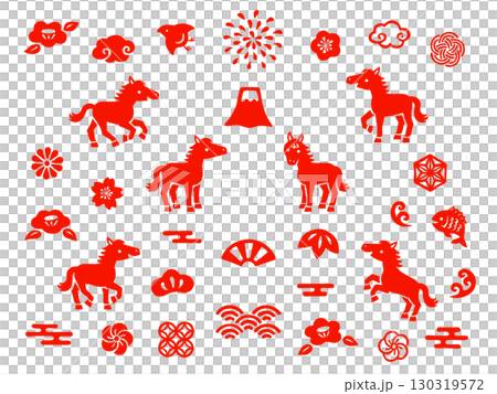 Red Japanese-style New Year's icon and horse illustration set Red Japanese-style New Year's icon and horse illustration set 130319572
