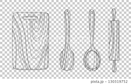 Line drawing illustration of wooden kitchen utensils Line drawing illustration of wooden kitchen utensils 130319752