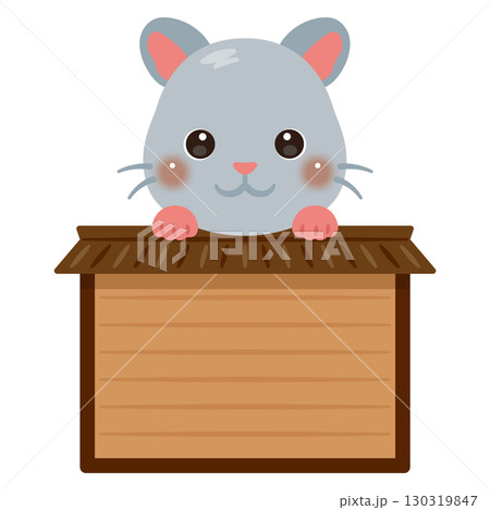 木製看板に乗ったネズミのキャラクターイラスト 130319847