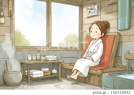 美優シリーズ：絵本調サウナでリラックスする女性 130319932