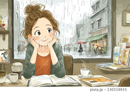 美優シリーズ：雨の日のカフェでアイデアを練る女性 130319933