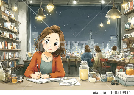 美優シリーズ：若い女性が夜のカフェで創作活動を楽しむ 130319934