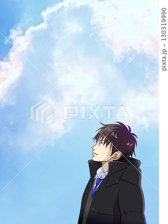 冬の晴れ間、空を見上げる高校生または中学生の男子のアニメ風イラスト、左に余白 冬の晴れ間、空を見上げる高校生または中学生の男子のアニメ風イラスト、左に余白 130319990