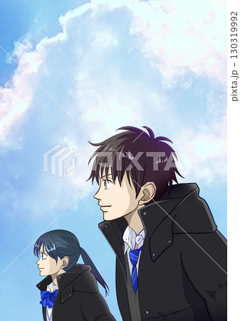 冬の晴れ間、空を見上げる高校生または中学生の男女のアニメ風イラスト 130319992