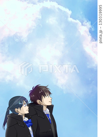 冬の晴れ間、空を見上げる高校生または中学生の男女のアニメ風イラスト 冬の晴れ間、空を見上げる高校生または中学生の男女のアニメ風イラスト 130319995