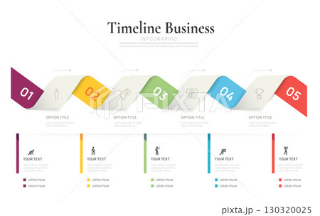 Modern business timeline infographic template with five colorful steps and process icons vector. Modern business timeline infographic template with five colorful steps and process icons vector. 130320025