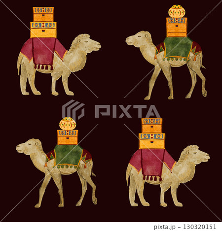 Camels with decorated saddles and oriental chests. Seamless watercolor pattern on dark. Christmas nativity design for festive wrapping paper, textile, gift packaging, cards, seasonal decor. Inspired Camels with decorated saddles and oriental chests. Seamless watercolor pattern on dark. Christmas nativity design for festive wrapping paper, textile, gift packaging, cards, seasonal decor. Inspired 130320151