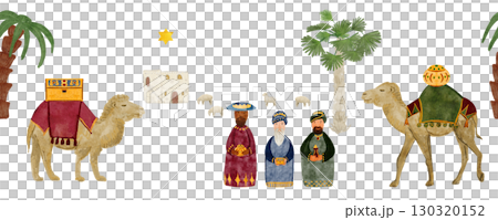 Three Wise Men with camels, palm trees, Bethlehem house, and star. Watercolor illustration. Nativity Christmas border with oriental scene, perfect for festive cards, invitations, holiday decor 130320152