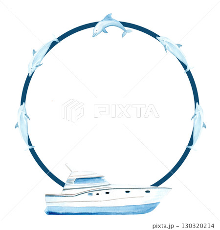 Yacht with dolphins jumping above it watercolor round frame isolated on white. Perfect for for cards, banners, advertisements, invitations, maps and books. Travel, voyage design. Blue white monochrome 130320214