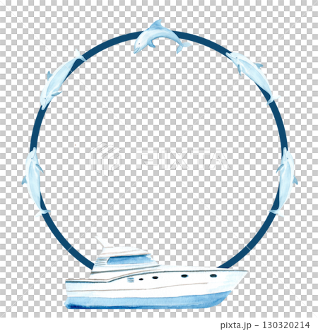 Yacht with dolphins jumping above it watercolor round frame isolated on white. Perfect for for cards, banners, advertisements, invitations, maps and books. Travel, voyage design. Blue white monochrome 130320214