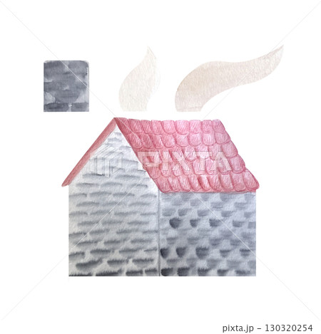 Stone house with a red tiled roof, smoke, and chimney watercolor set isolated on black. Perfect for fairytale maps, children books, rural scenes, village architecture Stone house with a red tiled roof, smoke, and chimney watercolor set isolated on black. Perfect for fairytale maps, children books, rural scenes, village architecture 130320254